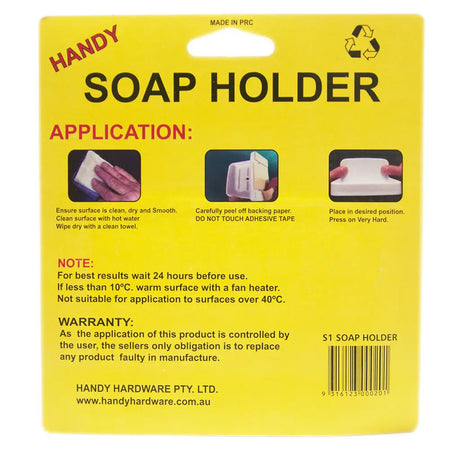 Yellow soap holder packaging with application instructions and branding details.