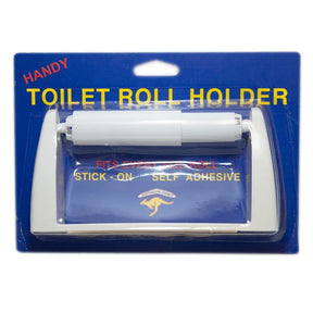 Packaged toilet roll holder with blue background and white text