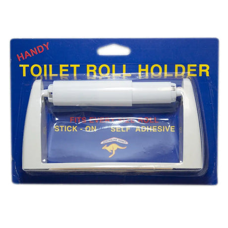 Packaged toilet roll holder with blue background and white text