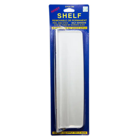Packaged shelf with adhesive strip on a white background