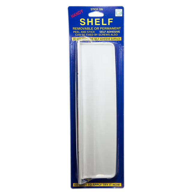 Packaged shelf with adhesive strip on a white background