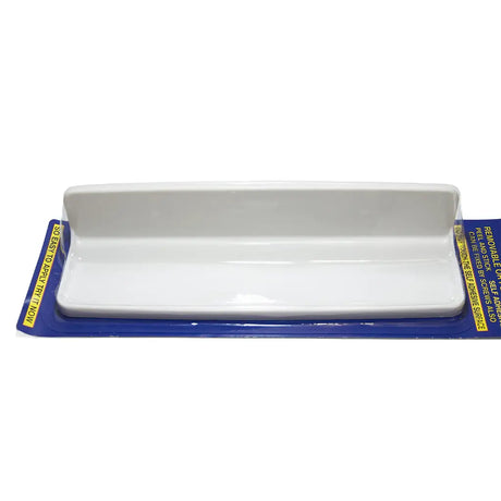White rectangular tray with blue border on a white background