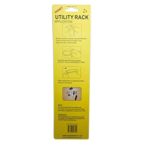 Yellow packaging of a utility rack with text and graphics on a white background