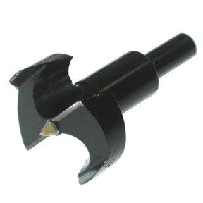 A black wood router bit with a silver cutting edge and a brass-colored center point, shown on a plain white background.
