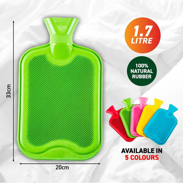 Green hot water bottle with measurements and color options on a white background