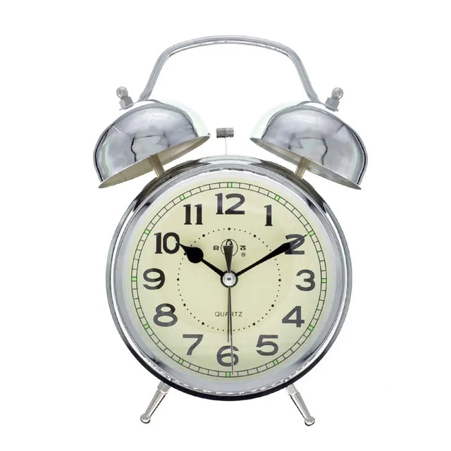Vintage-style alarm clock with twin bells on a white background