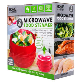 Home Master Microwave Food Steamer packaging with images of food and text on a white background