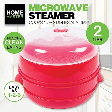 Red microwave steamer with text highlighting features on a white background