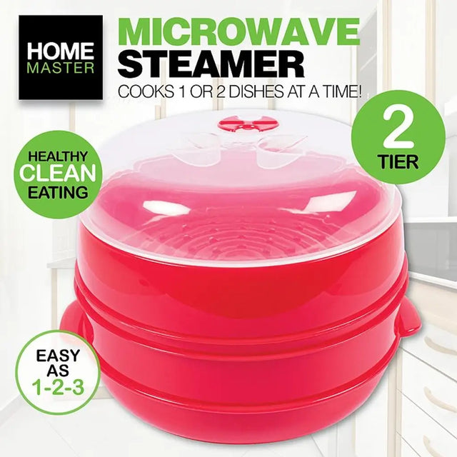Red microwave steamer with text highlighting features on a white background