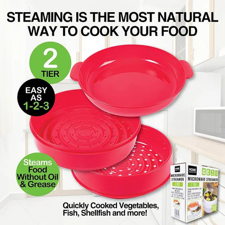 Red microwave steamer with text highlighting its benefits on a white background
