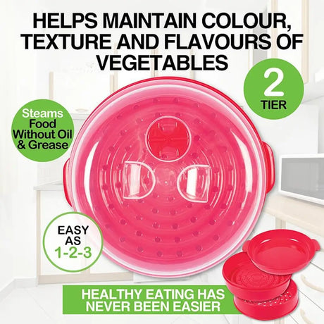 Pink two-tiered steamer with text highlighting its benefits for maintaining vegetable color, texture, and flavors.