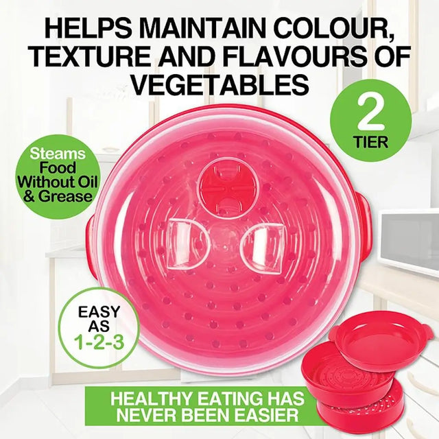 Pink two-tiered steamer with text highlighting its benefits for maintaining vegetable color, texture, and flavors.