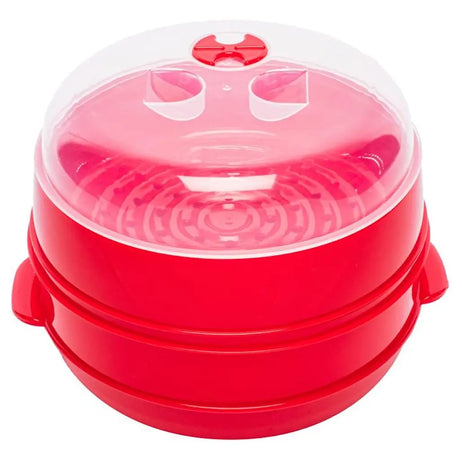 Red and clear plastic container with a lid on a white background
