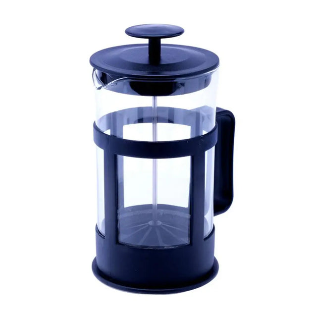 Navy blue French press coffee maker on a white background