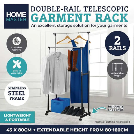 Home Master double-rail telescopic garment rack with clothes and shoes on a white background