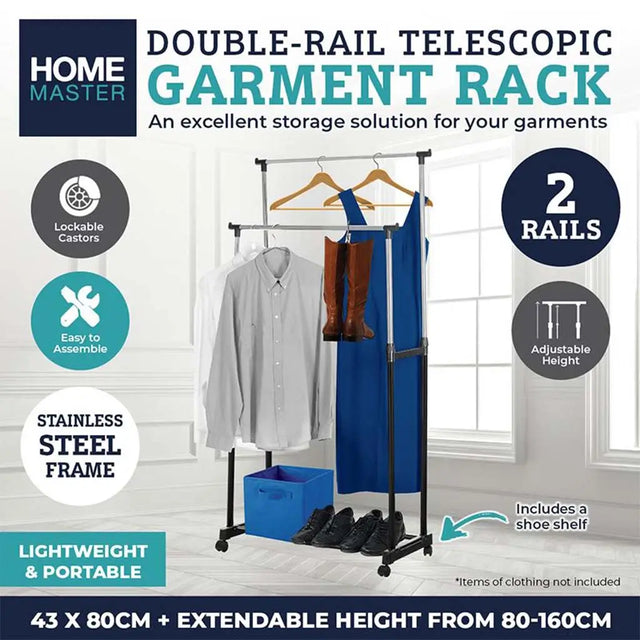 Home Master double-rail telescopic garment rack with clothes and shoes on a white background
