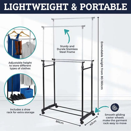 Clothing rack with features highlighted on a white background