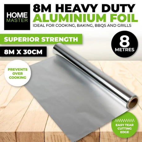 8M Heavy Duty Aluminium Foil roll with Home Master branding on a wooden surface