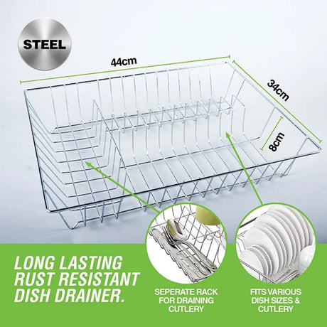 Steel dish drainer with dimensions and features on a light gray background