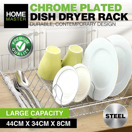 Chrome plated dish dryer rack with plates, cups, and utensils on a wooden surface, featuring Home Master branding.