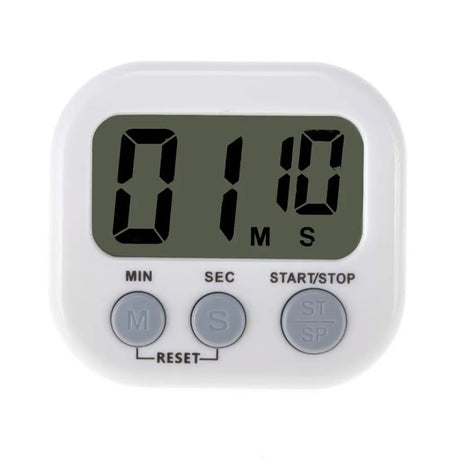 Digital timer with a white casing on a white background