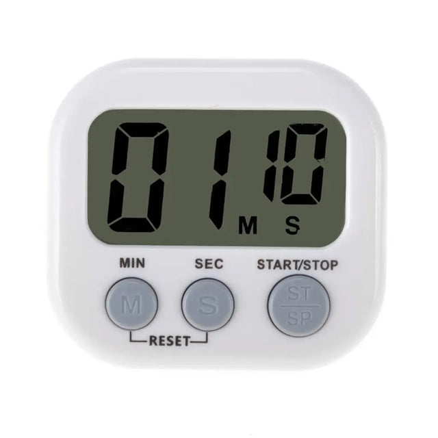 Digital timer with a white casing on a white background