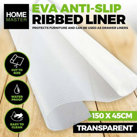 Transparent EVA anti-slip ribbed liner on a wooden surface with Home Master branding.