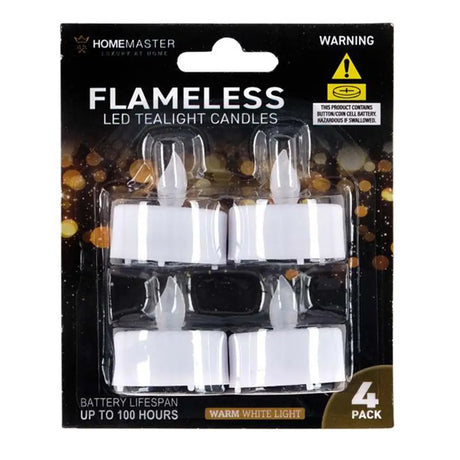 Pack of four flameless LED tealight candles with packaging displaying brand name and product details.