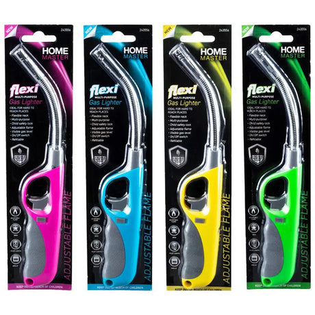 Four packages of Home Master flexi gas lighters in different colors on a white background.