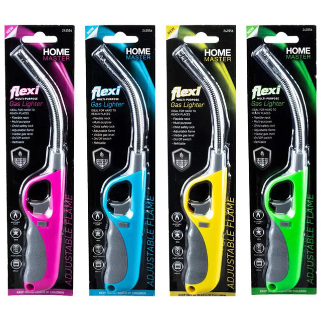 Four packages of Home Master flexi gas lighters in different colors on a white background.