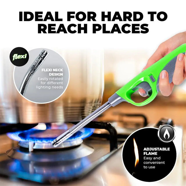 Green kitchen torch with flexi neck design being used on a stove, with text highlighting features.