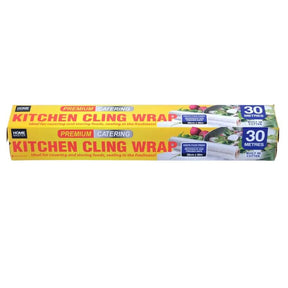 Box of kitchen cling wrap with images of food on a white background