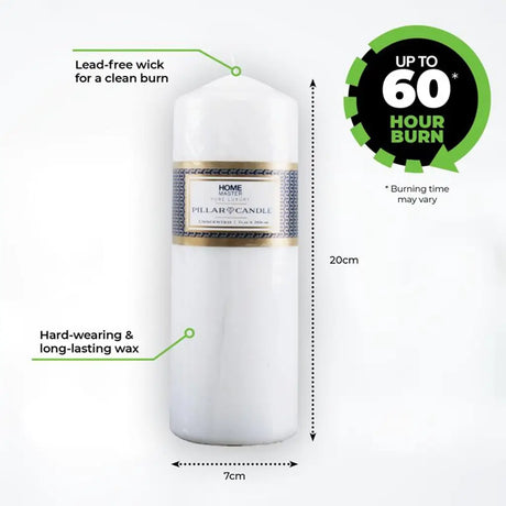 White candle with label, dimensions, and burn time information on a white background