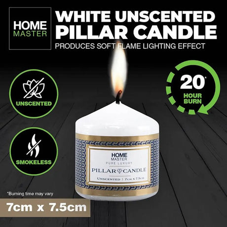 White unscented pillar candle with flame on a dark wooden surface, featuring Home Master branding.