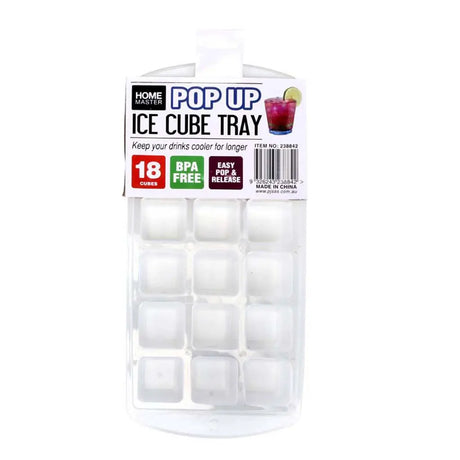 Pop-up ice cube tray packaging with label on a white background