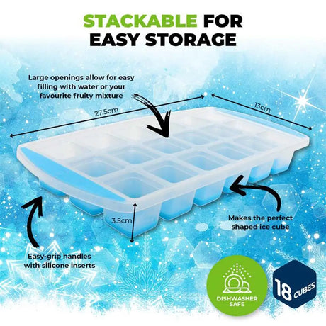 Silicone ice cube tray with features highlighted on a blue ice background