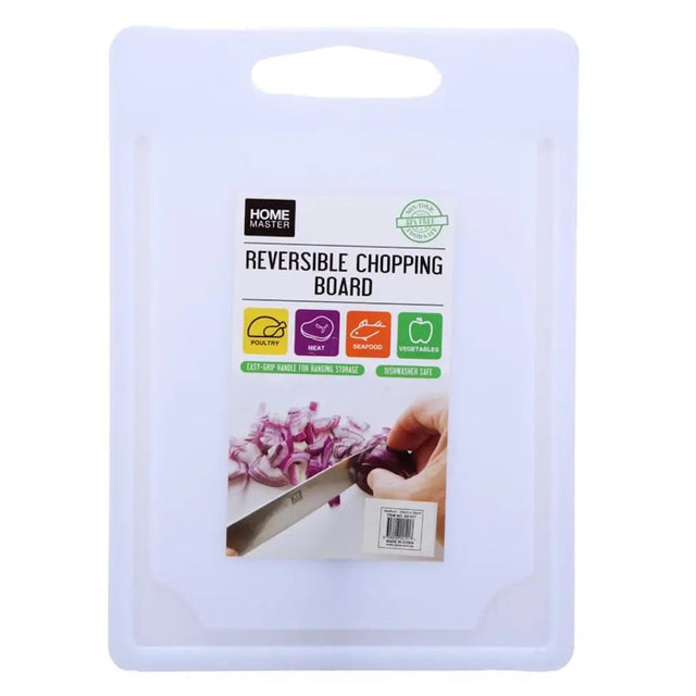 Reversible chopping board packaging with a knife and chopped onions on a white background