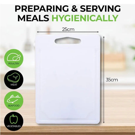 White cutting board with dimensions on a blurred kitchen background, featuring icons for poultry, meat, seafood, and vegetables.