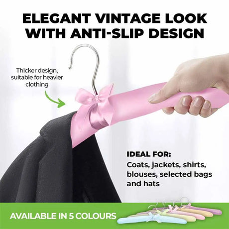 Pink hanger with anti-slip design being used to hang a coat, with text highlighting features and uses.