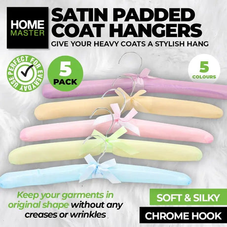 Set of satin padded coat hangers in pastel colors with Home Master branding.