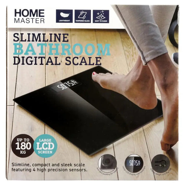 Home Master Slimline Bathroom Digital Scale packaging with a person stepping on the scale.