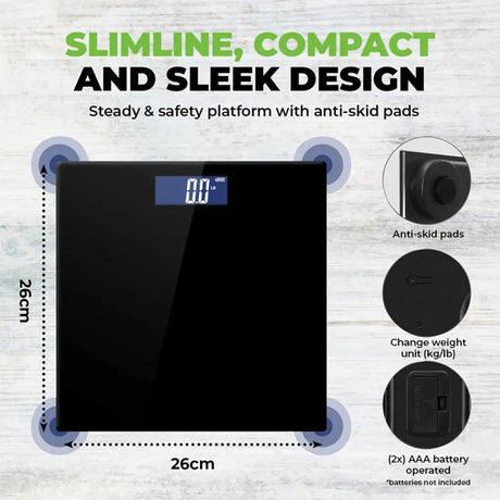 Digital bathroom scale with features highlighted on a gray background