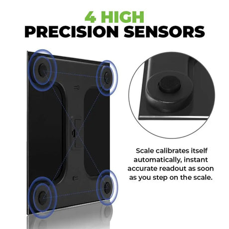 Digital scale with four high precision sensors highlighted, showing how it calibrates automatically.