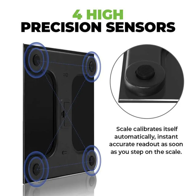 Digital scale with four high precision sensors highlighted, showing how it calibrates automatically.