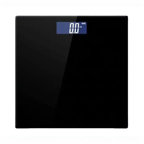 Black digital bathroom scale with a blue digital display on a white background