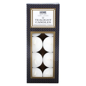 Pack of Home Master tealight candles in a decorative box on a white background