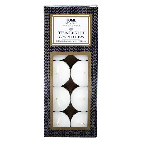 Pack of Home Master tealight candles in a decorative box on a white background