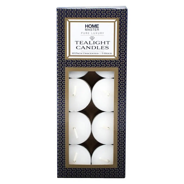 Pack of Home Master tealight candles in a decorative box on a white background