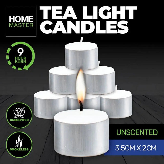 Tea light candles stacked with one lit on a dark surface, featuring Home Master branding.