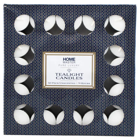 Pack of 50 unscented tealight candles with a decorative box.